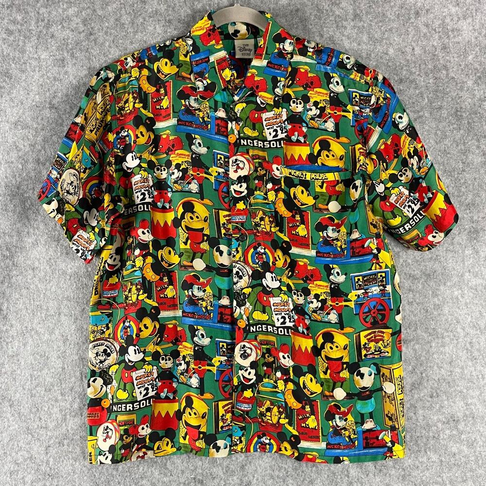Vintage Disney Mickey Mouse 100% Silk Shirt Adult Medium Button Up Retro AOP